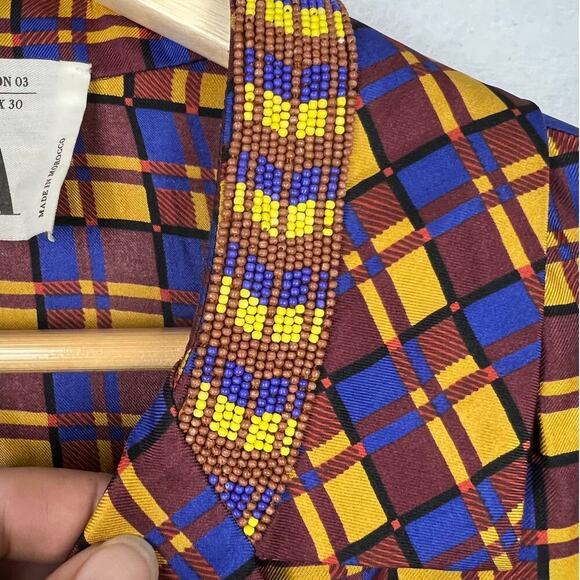 ZARA MULTICOLOR Checked FLOWY FLIP CUFF SILK SHIRT W BEADED NECK Button UP Large - Picture 7 of 10